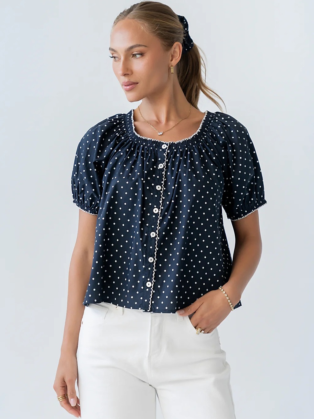 bohme Blue and White Polka Dot Puff Sleeve Button-Up Top